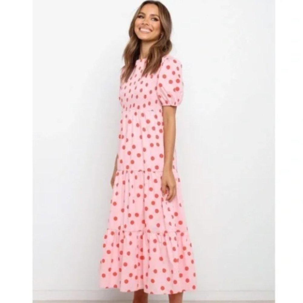 Petal + Pup Gasal Tiered Smocked Midi Dress Barbie Pink with Red Polka Dots- NWT